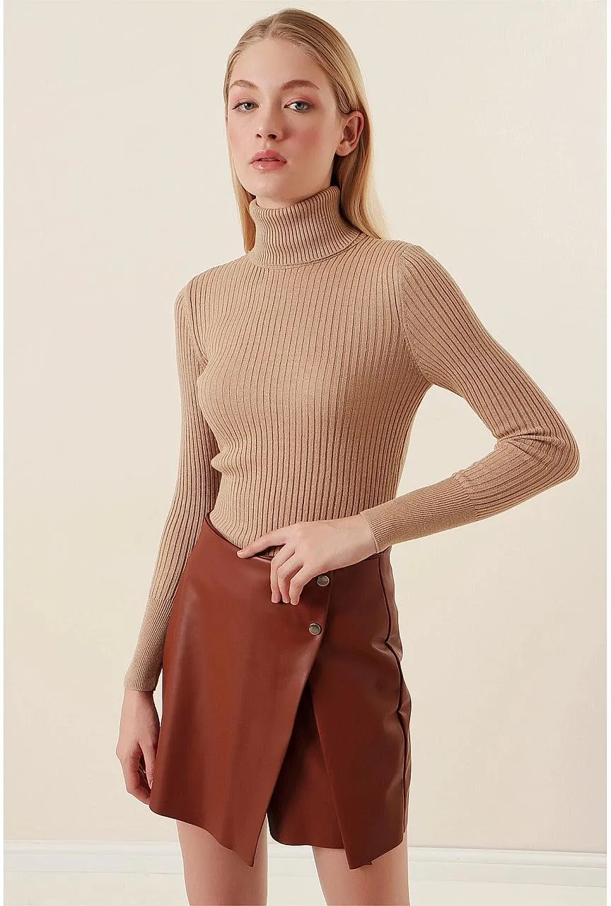 Women's Beige Ribbed Turtleneck Sweater | Classy Knitwear for All Seasons