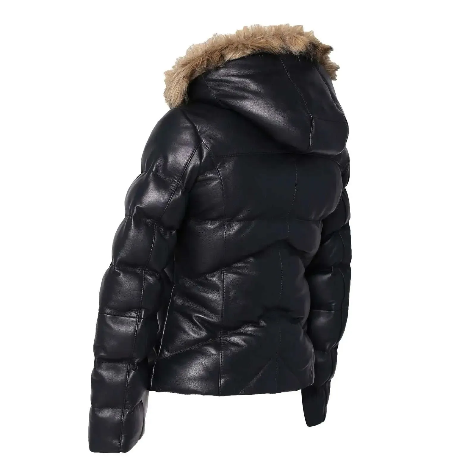 Women's Jocelyn Luxe Black Faux Leather Puffer Coat with Removable Fur Hood