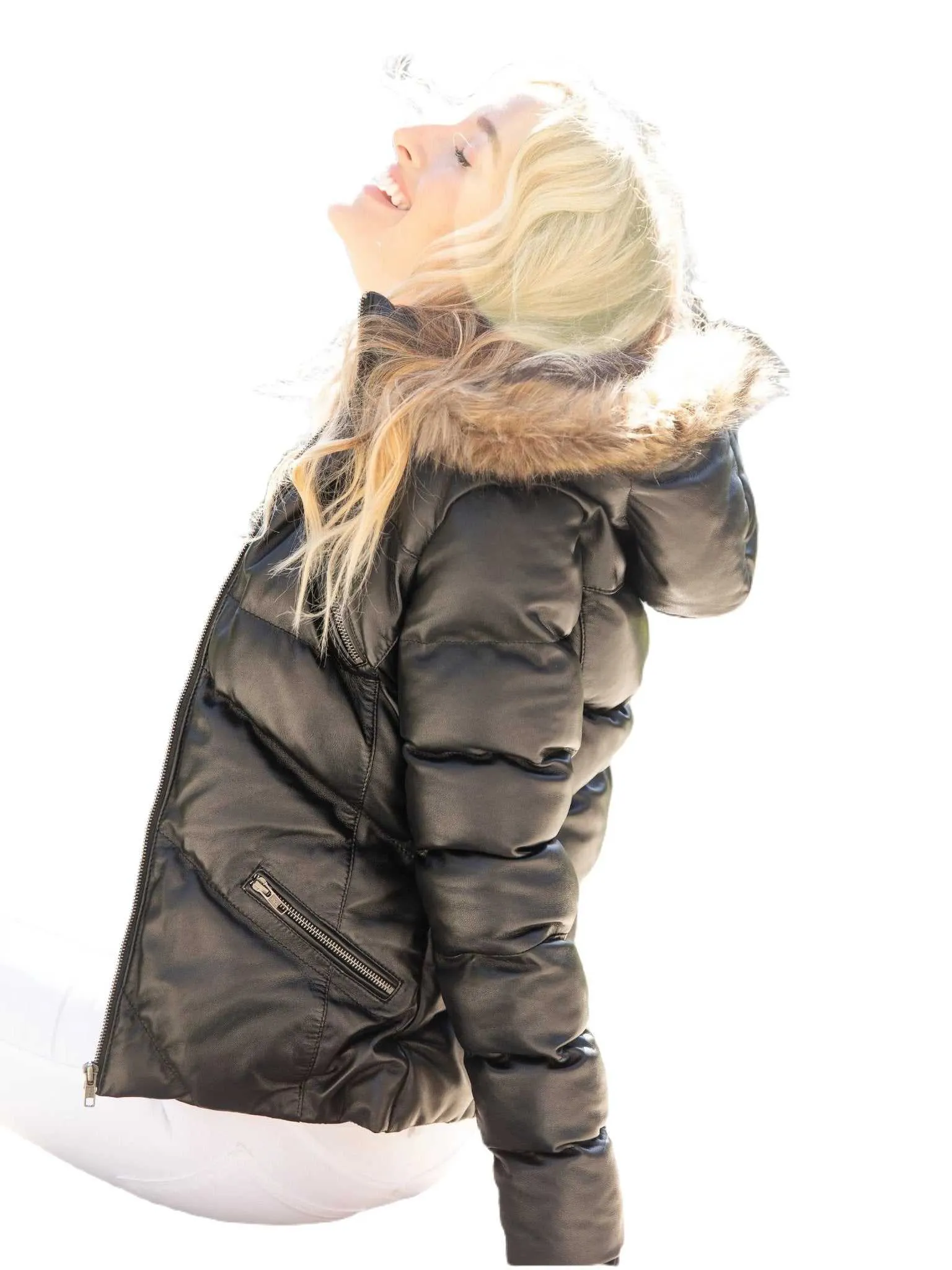 Women's Jocelyn Luxe Black Faux Leather Puffer Coat with Removable Fur Hood