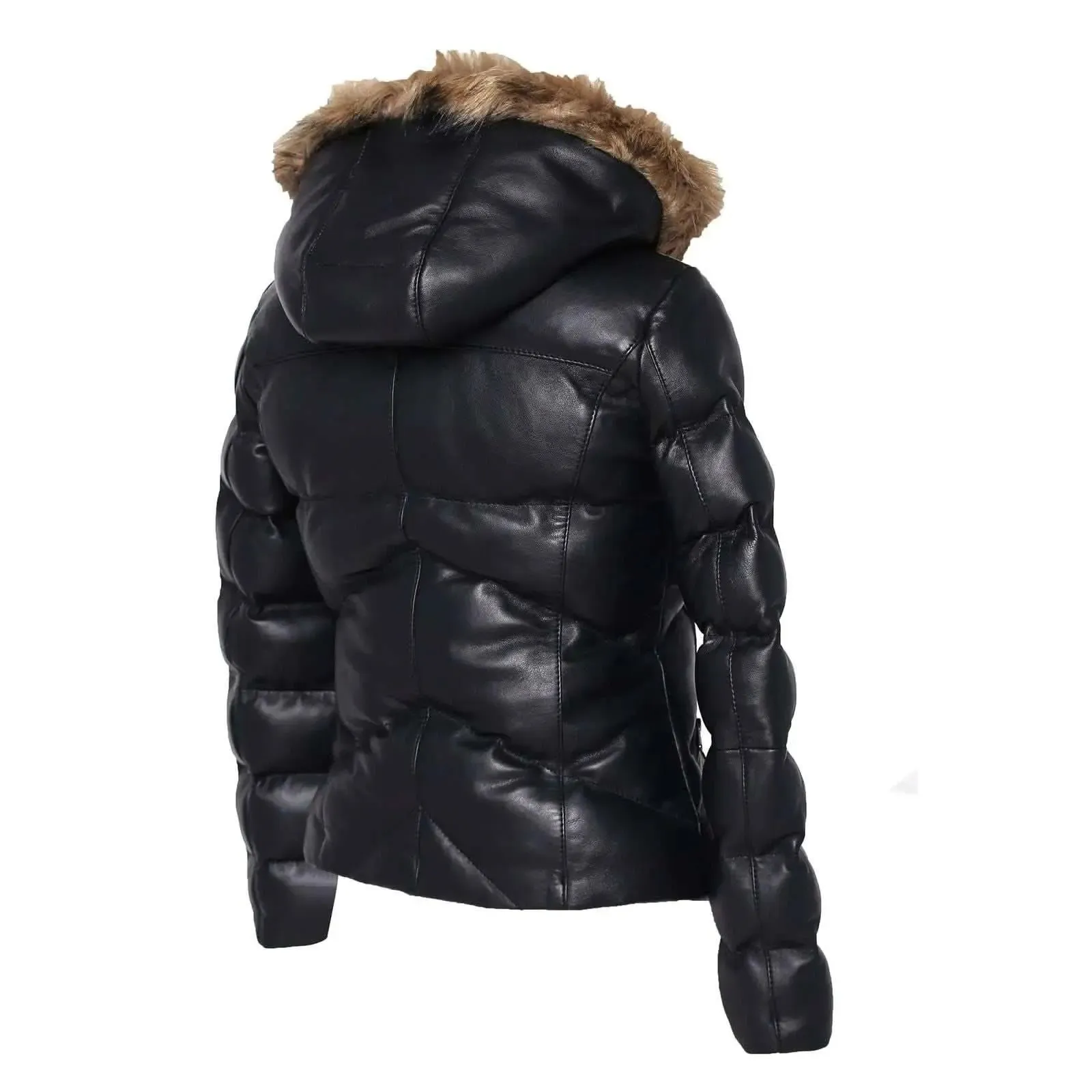 Women's Jocelyn Luxe Black Faux Leather Puffer Coat with Removable Fur Hood