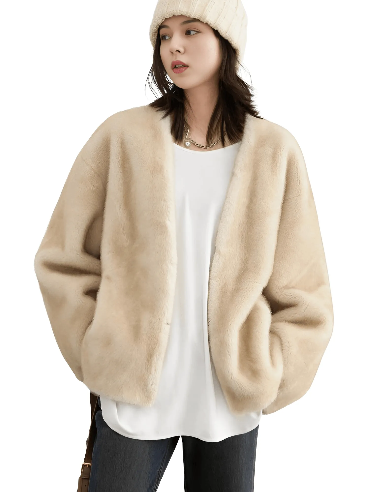 Women's Plush Jacket Loose Casual Solid Overcoat Female Coat V-Neck Woman Outerwear Autumn Winter