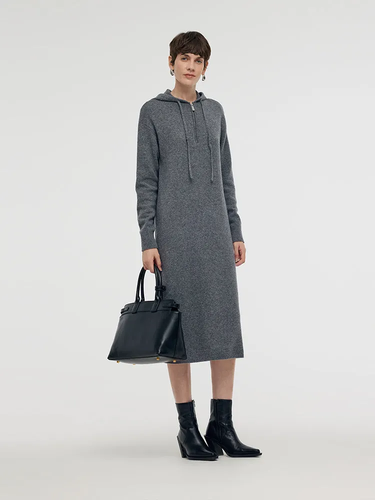 Wool Blend Women Hooded Midi Dress