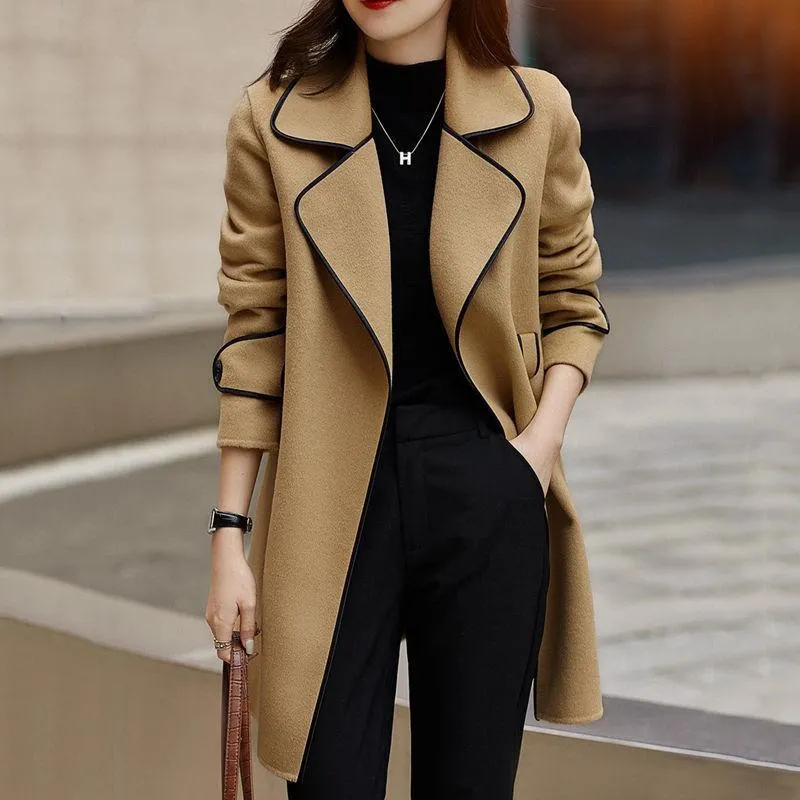 Woolen Slimming Tie-Up Chic Loose Fit Patchwork Wrap Coat