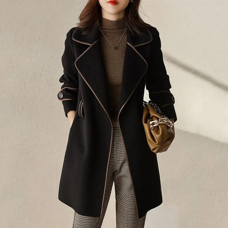 Woolen Slimming Tie-Up Chic Loose Fit Patchwork Wrap Coat