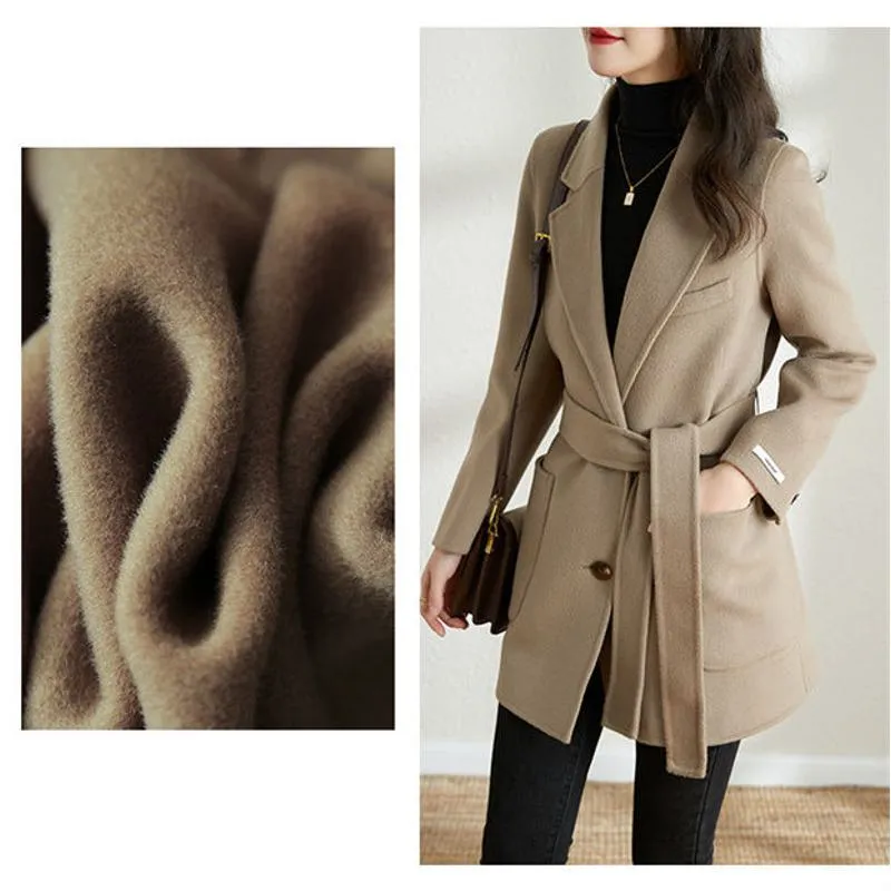 Woolen Tie-Up Wool Thigh-Length Car Coat