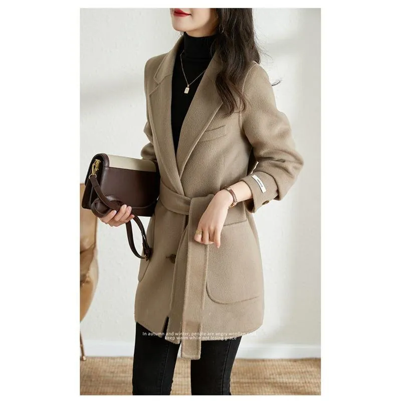 Woolen Tie-Up Wool Thigh-Length Car Coat