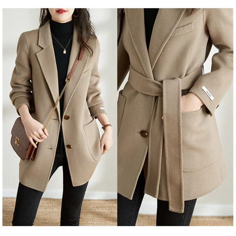 Woolen Tie-Up Wool Thigh-Length Car Coat